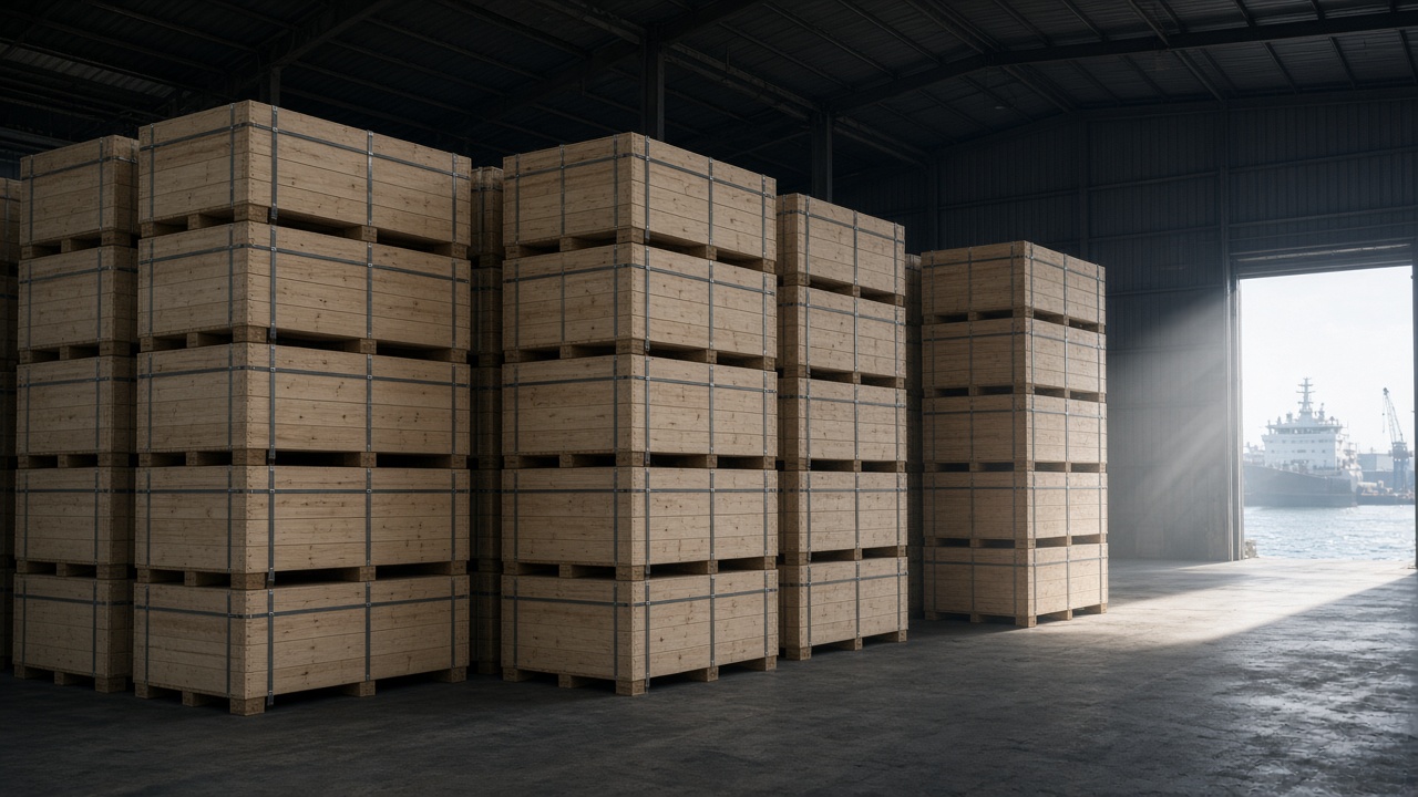 Stacks of unfinished timber export crates