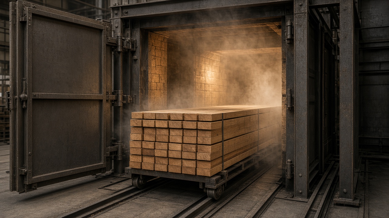 Timber at the mouth of a heat-treatment kiln