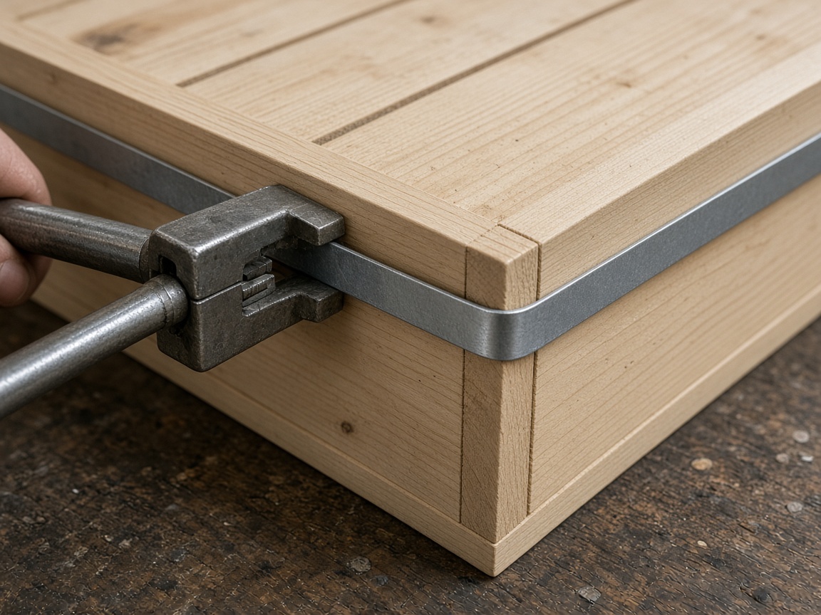 Steel strapping on a pine crate
